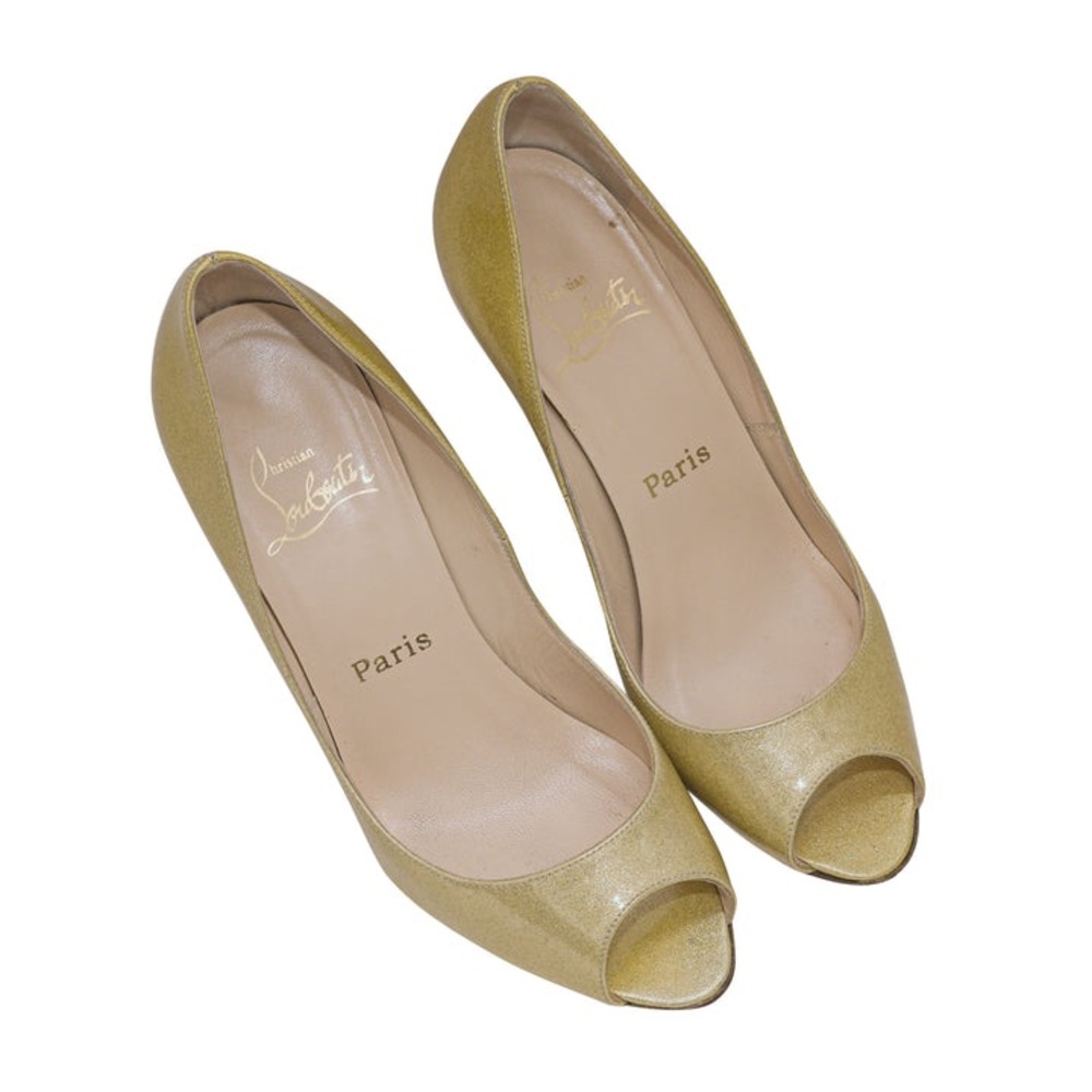 CHRISTIAN LOUBOUTIN GOLD PEEP-TOE GLITTER PUMPS SIZE 37